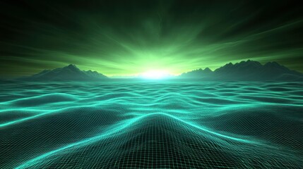 A Glowing Digital Landscape Depicting Abstract Mountains and Horizon
