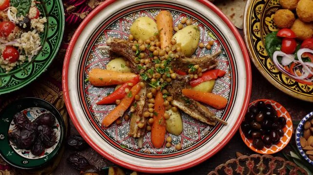 Halal food, baked lamb ribs with vegetables. Oriental dishes on the table