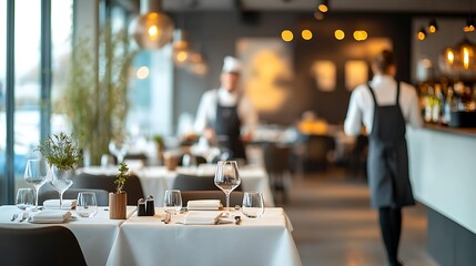 Modern restaurant interior with stylish dcor neatly set tables and attentive staff highlighting an inviting ambiance for dining out