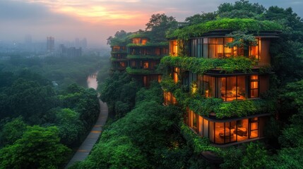 Lush, green, eco-hotel complex at sunset, city skyline view