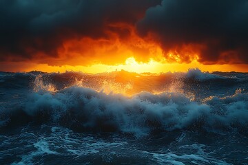Fototapeta premium Dramatic sunset over stormy sea with crashing waves