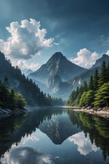 Fototapeta premium mountains and trees are reflected in a lake in the middle of a mountain range