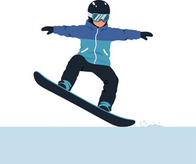 Snowboarder performing a mid-air jump in a vibrant blue jacket and helmet, showcasing flat design vector art