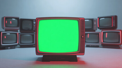 big television centered in front of stack of classical old televisions, aged green screen tv monitors panorama vintage chrome key TVs vintage video element cinematic red lighting composition