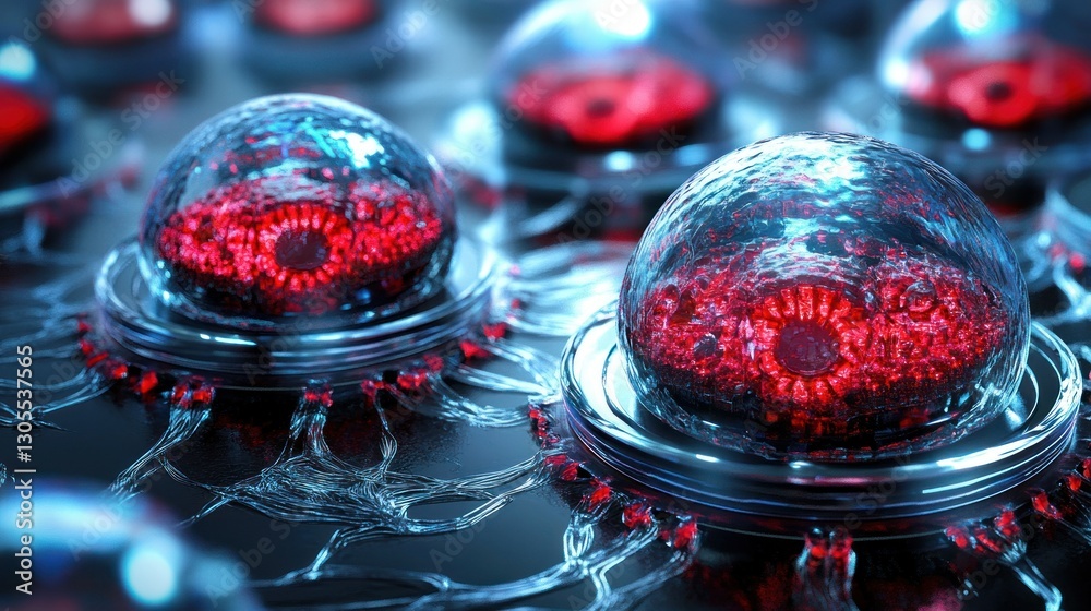 Poster biological cells illuminate deep red within their glassy spherical shells