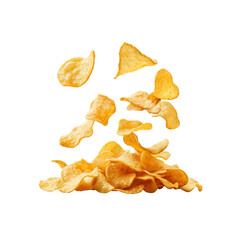 Fototapeta premium Golden potato chips are falling gracefully to the ground, creating a delightful arrangement of snacks. Each chip maintains its crispy texture and shape during the descent.
