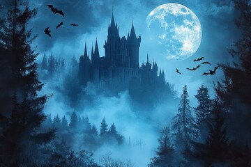 Fototapeta premium Aesthetic dangerous fantasy castle in forest at moonlit night, Enchanted fortress shrouded in mist under a glowing moon
