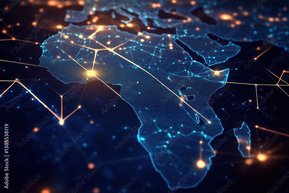 Wall mural africa network map with connected server nodes on a dark theme background