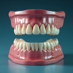 Obraz premium Realistic dental model showcasing upper and lower teeth on a blue background for educational purposes in dental studies