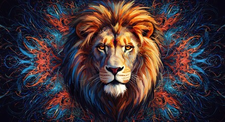Naklejka premium Lion Face Art with Ornate Colorful Background Illustration Style