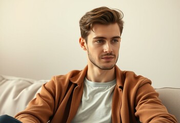Fototapeta premium Relaxed male trendsetter on a minimalist couch