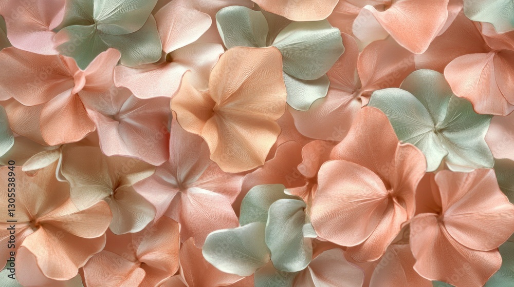 Poster soft pastel hydrangea petals displayed overlapping in natural arrangement