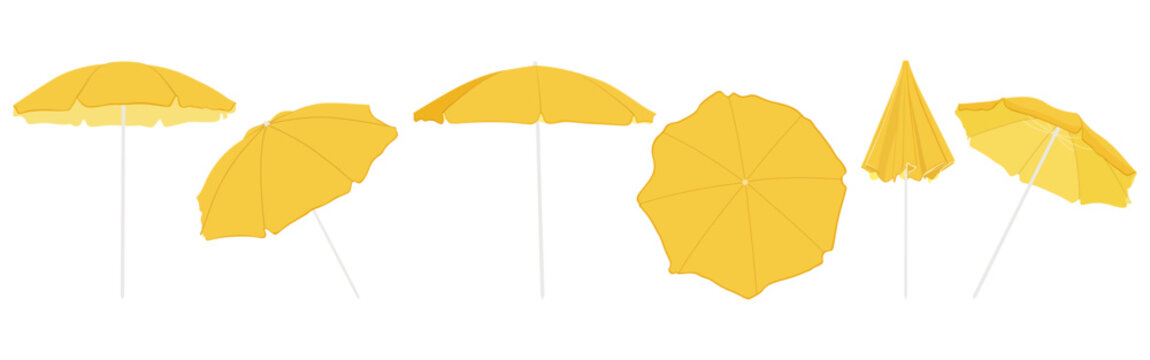 Hand drawn yellow open beach umbrella. Set with beach umbrella in different positions.	