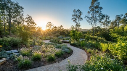 A Garden Path Leads Towards The Setting Sun With Trees