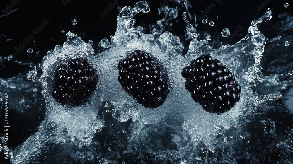 Poster three blackberries being submerged in splashing clear water