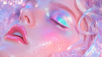 Fototapeta premium A close-up portrait showcasing sparkling pastel makeup with dazzling holographic effects, embodying a dreamy aesthetic.