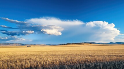A golden field extends beneath a beautiful and expansive sky