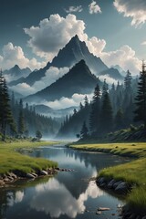 mountains and trees are reflected in a small river in a valley