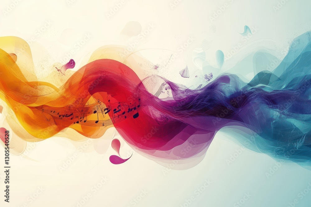 Poster abstract colorful flowing shapes and musical notes creating an image