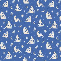 Abstract women silhouettes seamless pattern. Fashion hand drawn print with female figures, modern collage art with abstract shapes. Vector texture