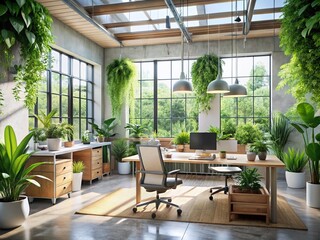 Fototapeta premium Lush Indoor Plants Enhance Modern Office Biophilic Design