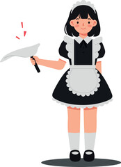 Fototapeta premium A cheerful maid in a classic black and white uniform holding a cleaning spray bottle in a minimal vector illustration