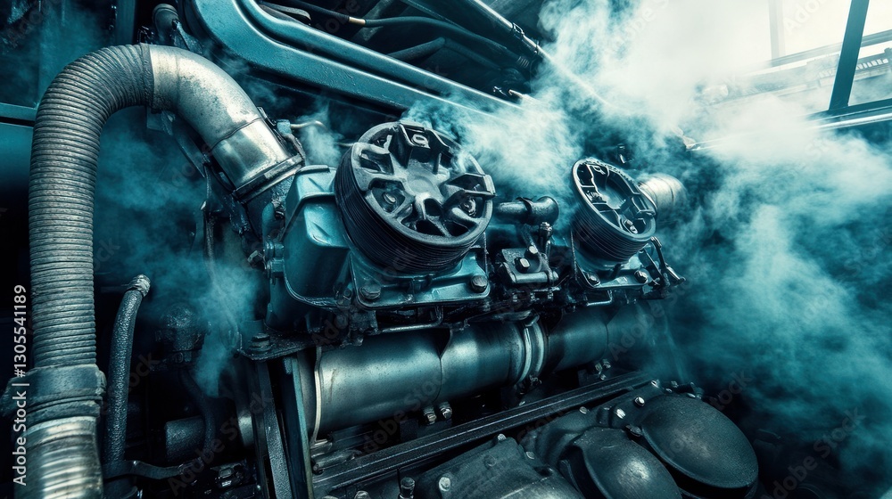 Poster powerful engine components releasing steam into the atmosphere with blue undertones