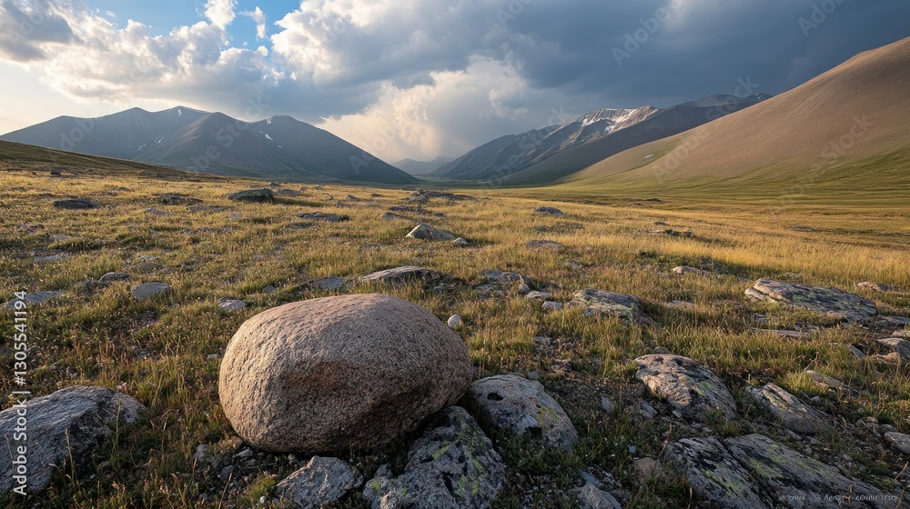 Aufkleber large boulder sits in a grassy valley with mountains in background