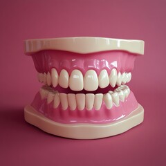 Obraz premium Realistic dental model displayed on a solid pink background for educational purposes in a clinical setting
