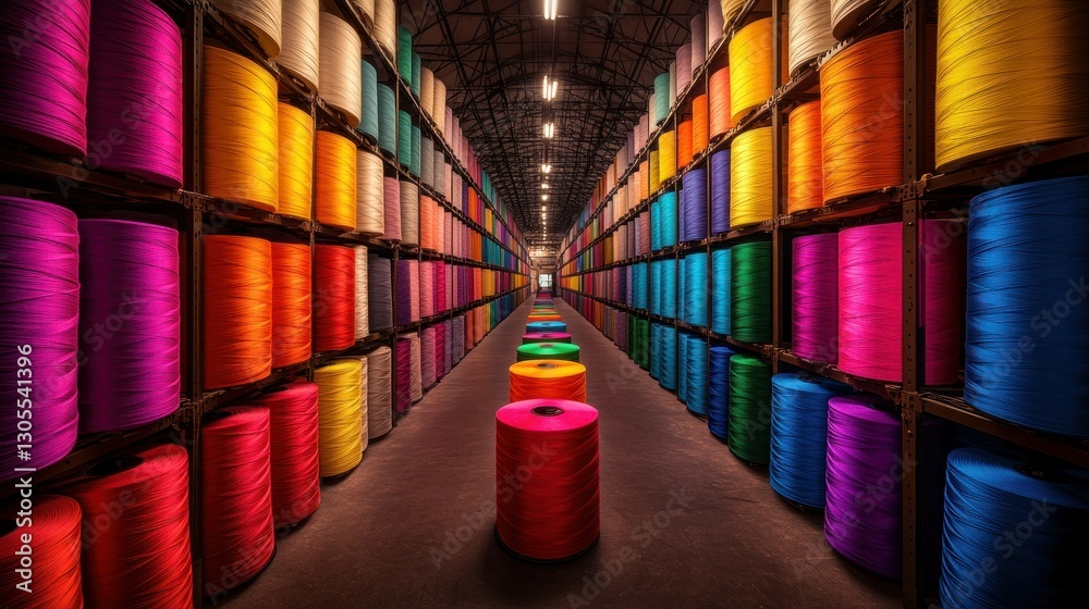 Poster Rows of Colorful Yarn Spools Stored in a Large Warehouse