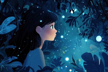 A Young Girl Observing Glowing Lights Within Dense Foliage