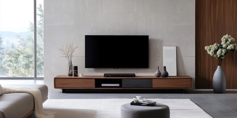 Modern living room with a television and wooden media console