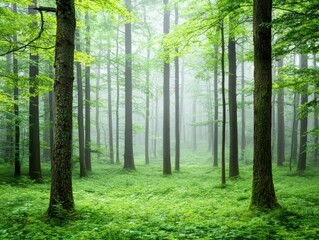 Obraz premium Dense Forest with Thick Fog Covering Trees and Lush Green Vegetation in Serene Environment