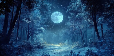 Fototapeta premium A moonlit forest path under a starry night sky