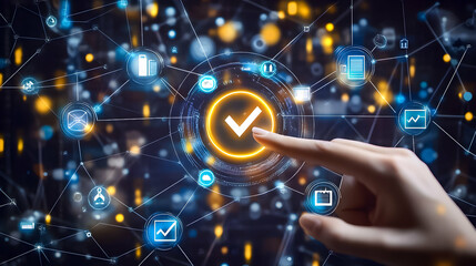 Interactive digital interface showing a hand selecting options related to validation and data management in a futuristic environment