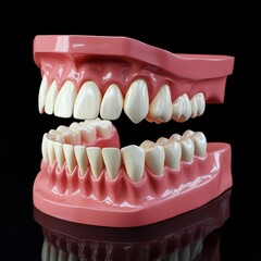 Detailed anatomical model of human teeth and gums displayed against a black background for educational purposes