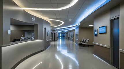 Modern hospital corridor featuring sleek design and ambient lighting at a healthcare facility during daytime