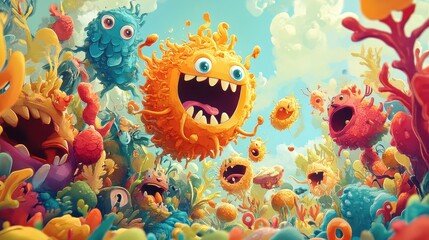 A colorful illustration of cartoon monsters and stylized fantasy plants