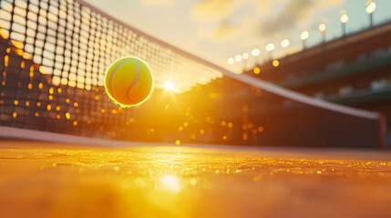 Tennis ball bouncing near net during sunset with stadium lights illuminating the court