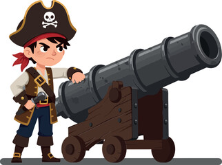 A determined pirate boy stands confidently beside a large cannon in a flat, colorful vector illustration showcasing adventure and bravery on the high seas