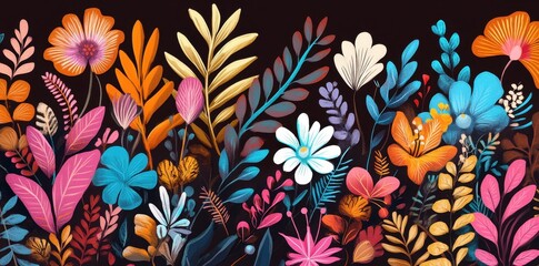 Fototapeta premium Colorful artistic floral arrangement with vibrant flowers and stylized foliage