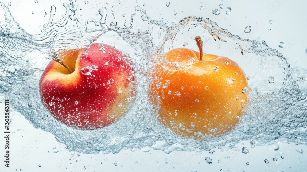 Poster red and orange apples are splashing in water