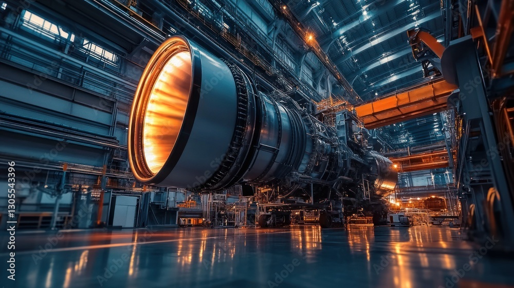 Poster A large jet engine is located inside a large building