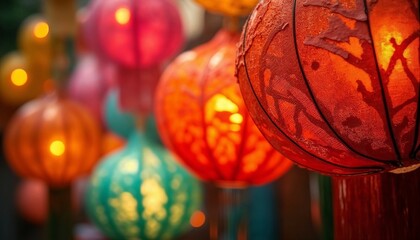 Close-up of colorful papel picado decorations with cutout patterns, warm ambient lighting, festive background