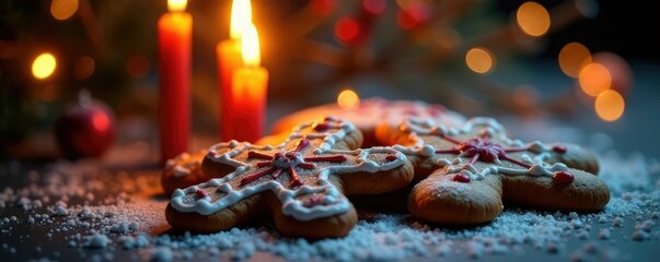 Warm glow of candle light on festive gingerbread cookies, twinkling, snowflake