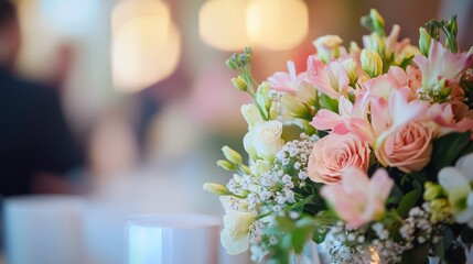 Obraz premium Elegant floral arrangement with pink roses and lilies in soft focus setting.