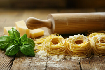 A close-up of handmade pasta, rolling pin, and basil on a wooden surface. The warm lighting and artisanal details emphasize the passion for homemade Italian cuisine