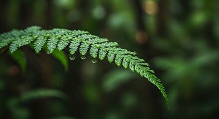 Close-up of Fern Leaf with Raindrops Sparkling in a Lush Forest