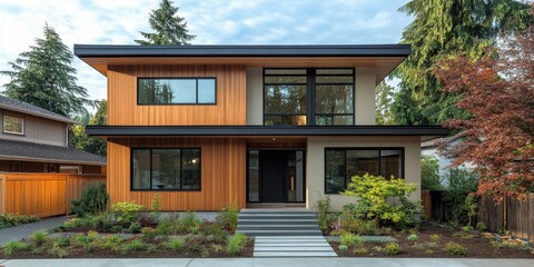 Modern two story house with wood and neutral color scheme