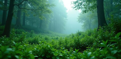 Obraz premium Dense thicket of shrubs and bushes in the foggy forest, greenery,, bushes